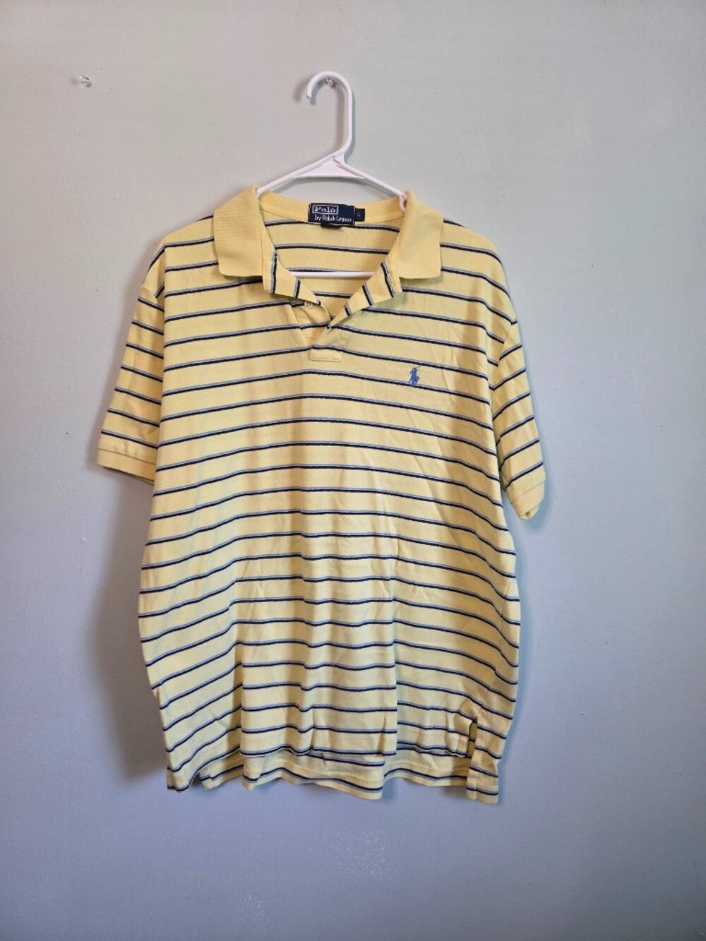 Polo Ralph Lauren Shirt Men's Large Yellow & Blue Striped Short Sleeve Collared